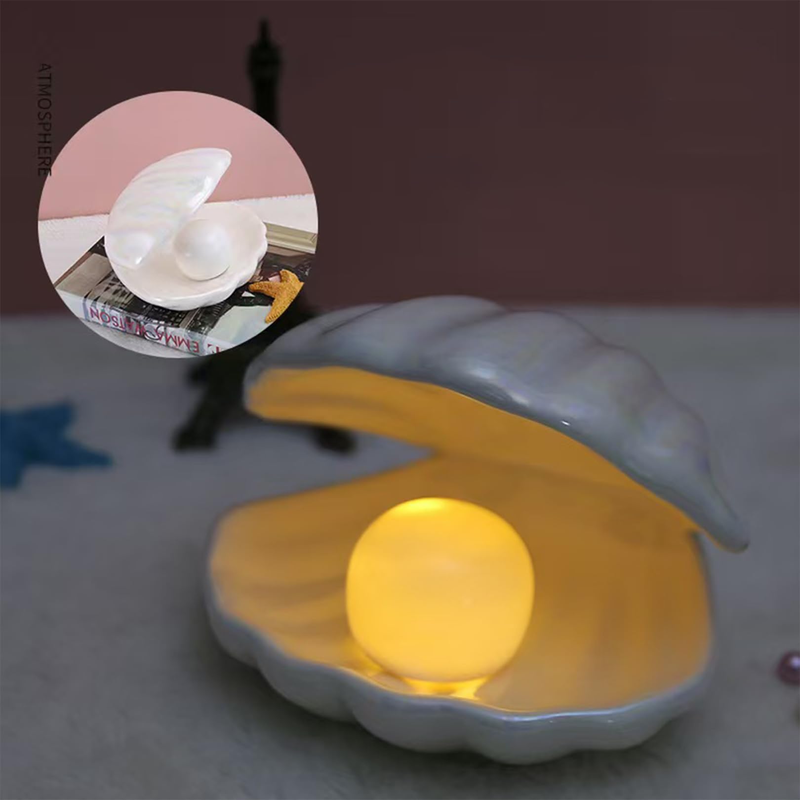 Desniltol LED Ceramic Shell Pearl Light, Portable Ocean-Inspired